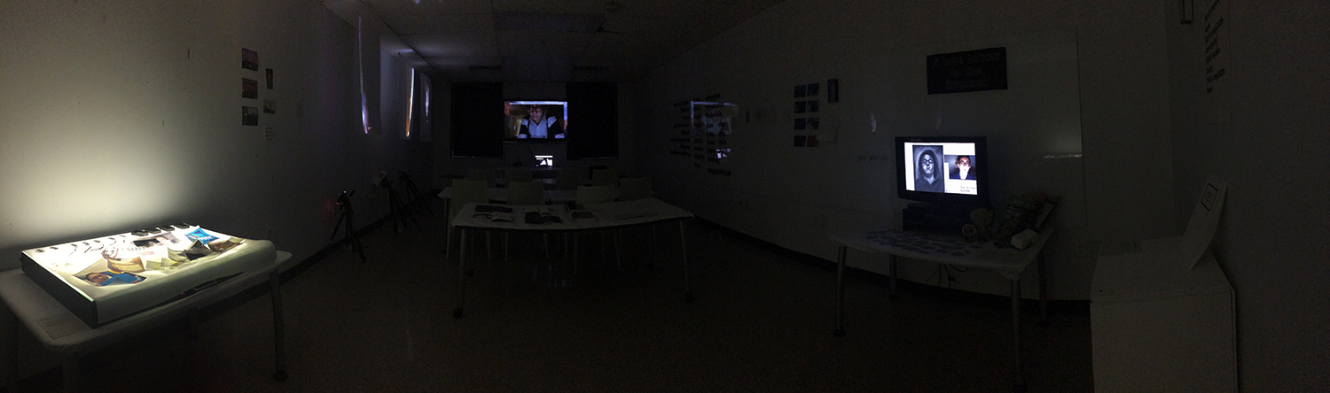 A panoramic shot of the exhibition space. You can see all of the projects mentioned below scattered around the room, while I appear on a Skype call to the large screen at the front. Various pieces of things that I've collected over the years from my online friends also appear on the walls.